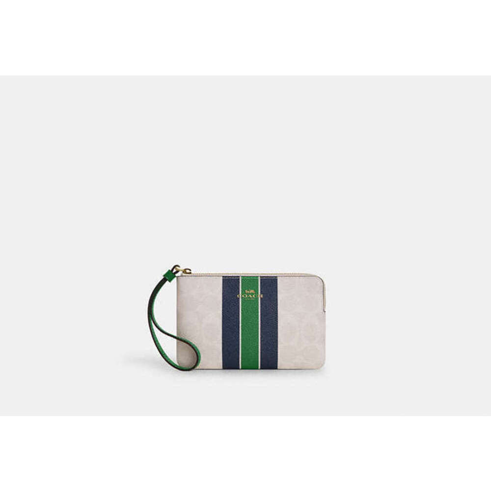 Corner Zip Wristlet In Signature Canvas With Varsity Stripe